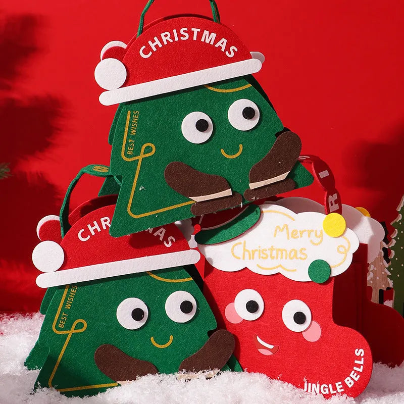 Christmas felt gift bag in green and red with cartoon design for gift packaging