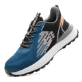 Blue men's lightweight safety work shoes with plastic toe cap and breathable mesh upper