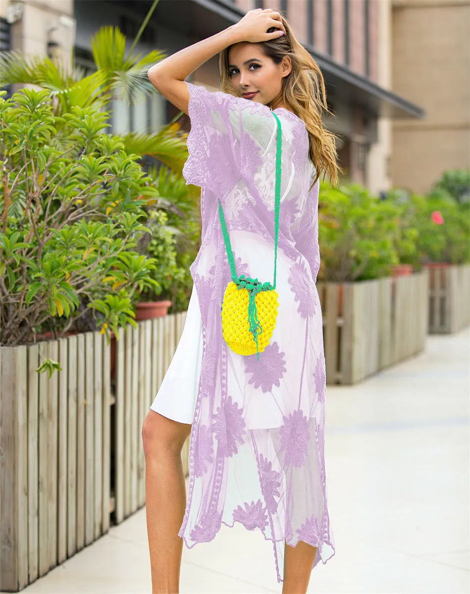 Light purple women's beach cover-up dress with lace embroidery, shown as a longline cardigan.