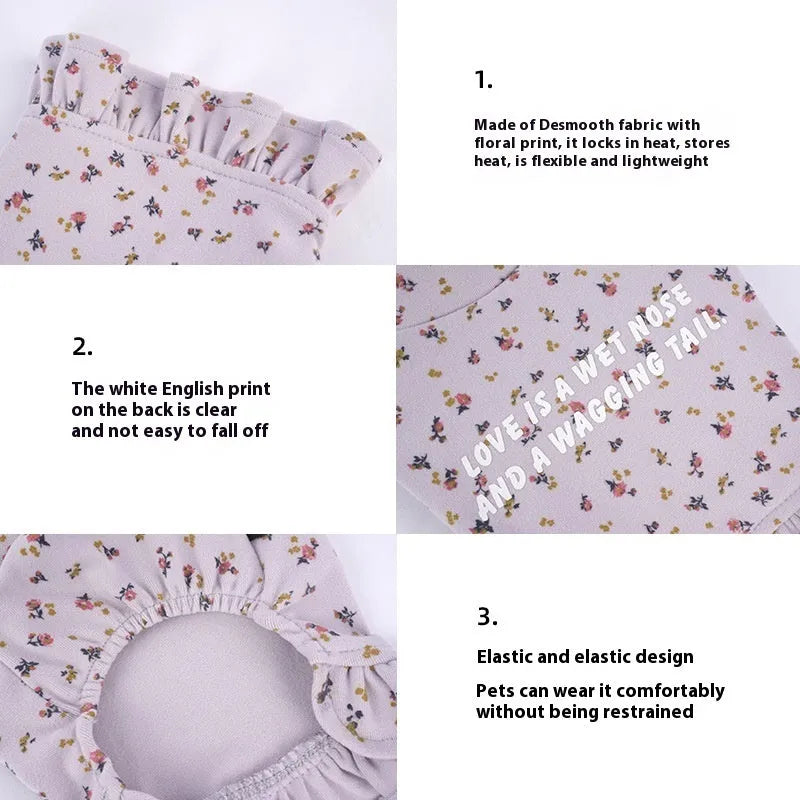 Light purple and apricot pet undershirt with thick polyester outer and floral inner skirt for small dogs