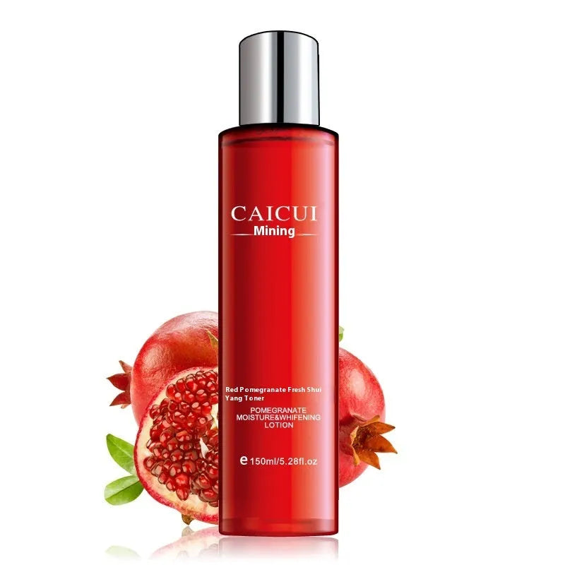 Pomegranate skincare set showing red bottles of face wash, toner, lotion, and facial cream.
