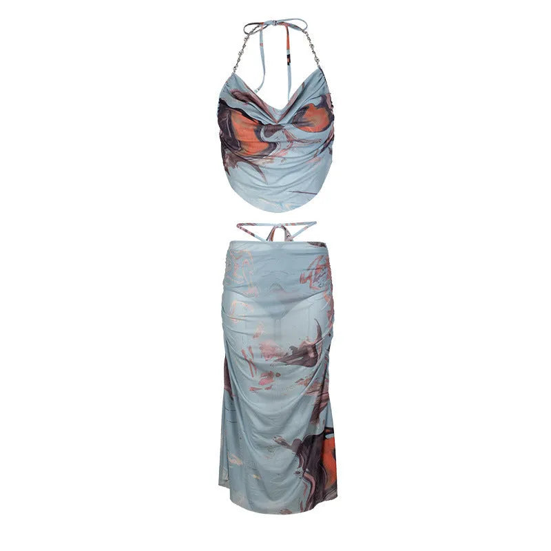 Blue three-piece bikini set with diamond chain split design and quick-dry nylon fabric