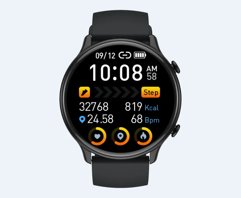 Round smart sports watch with black silicone strap showing heart rate data on touch screen.