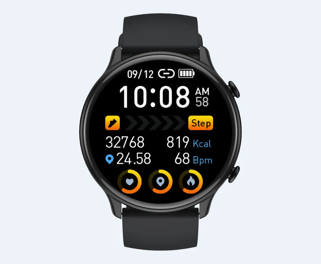 Round smart sports watch with black silicone strap showing heart rate data on touch screen.