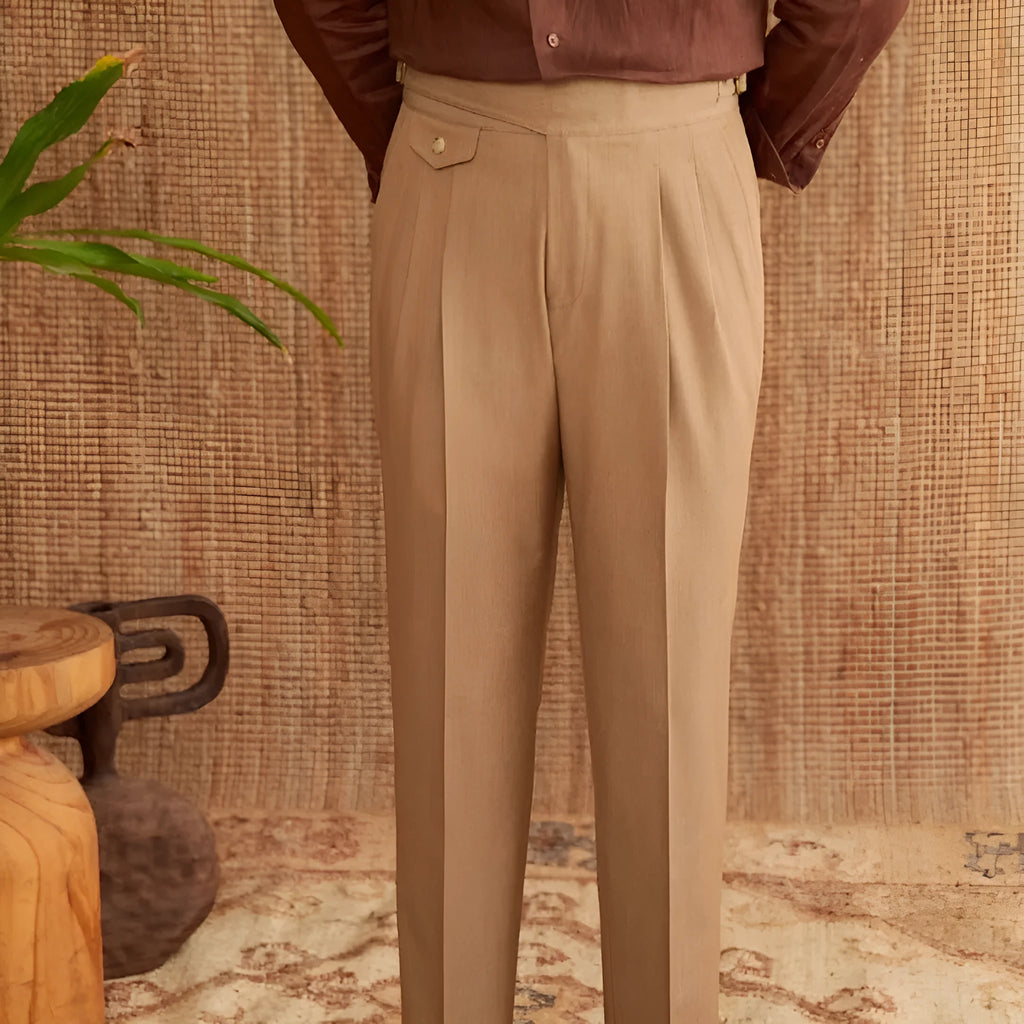 Men's slim fit straight leg business trousers in dark grey, shown in a professional setting.