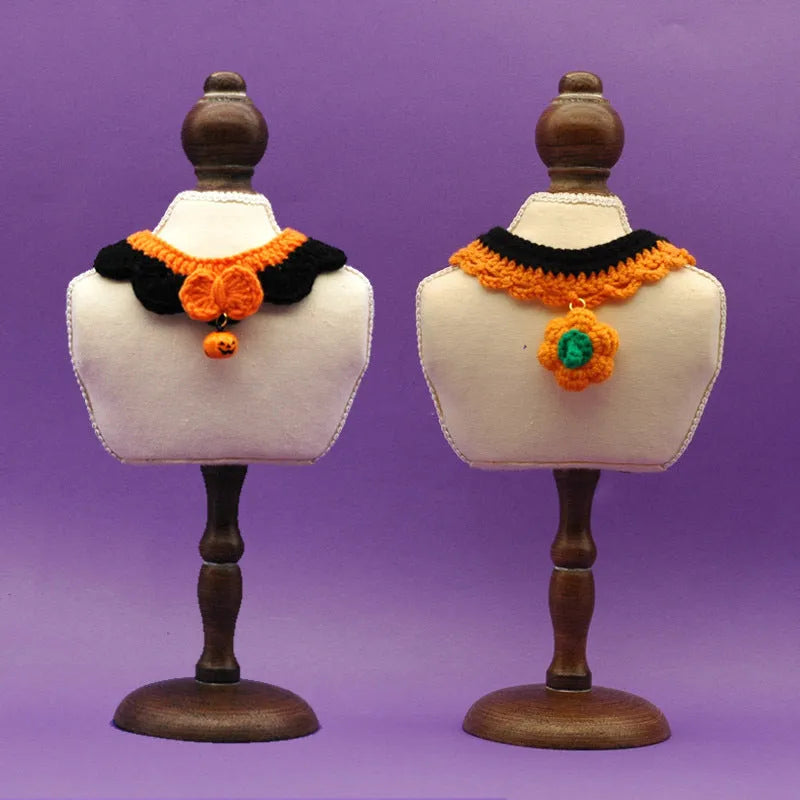 Hand crocheted wool Halloween pet collar with pumpkin design and bell in adjustable sizes for cats and dogs