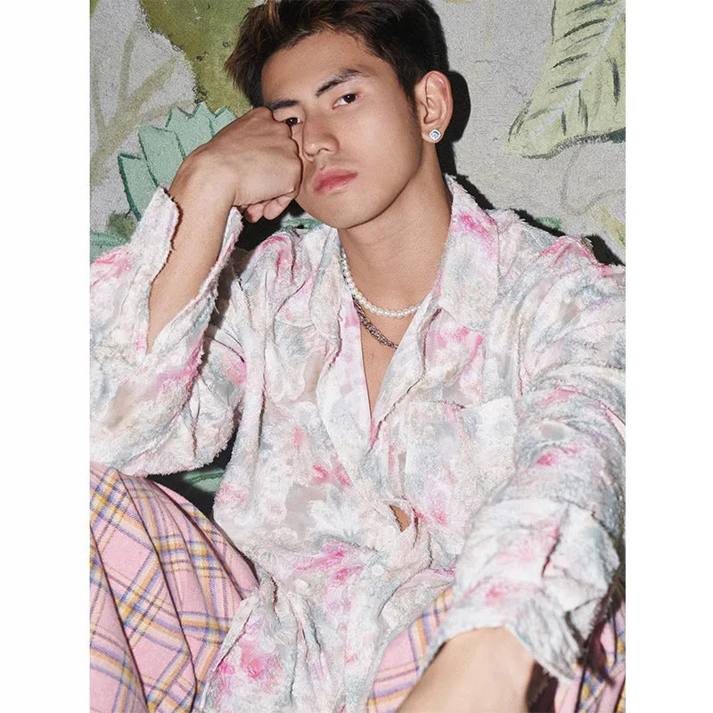 Men's floral long sleeve shirt with three-dimensional embossed patterns in blue colour showing loose fit design