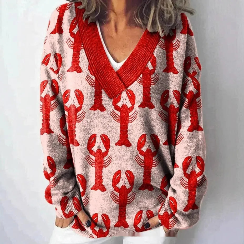 Women's V-neck sweatshirt with 3D floral printed pattern in art retro style