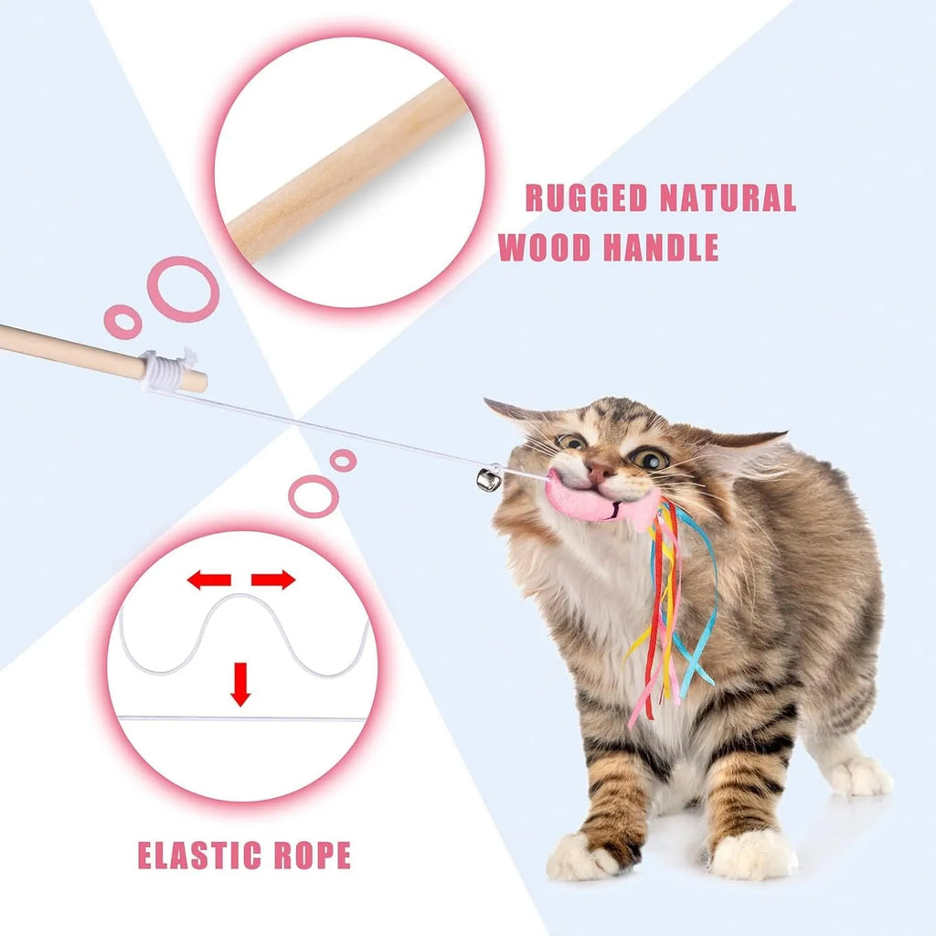 Cat wand toy with wooden handle, colourful ribbons, catnip fish attachment and bell for indoor feline play