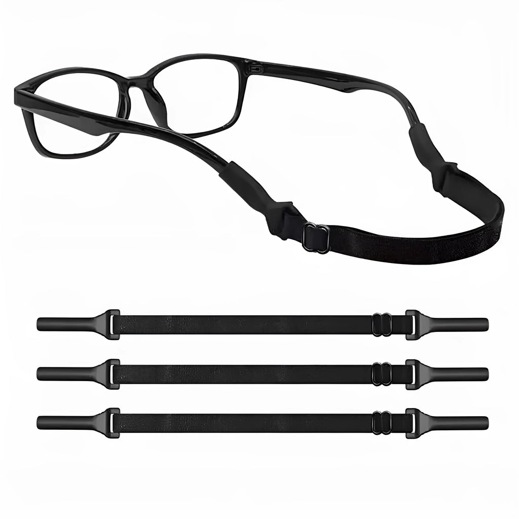 Black adjustable glasses cord with silicone earpiece clips shown on spectacles