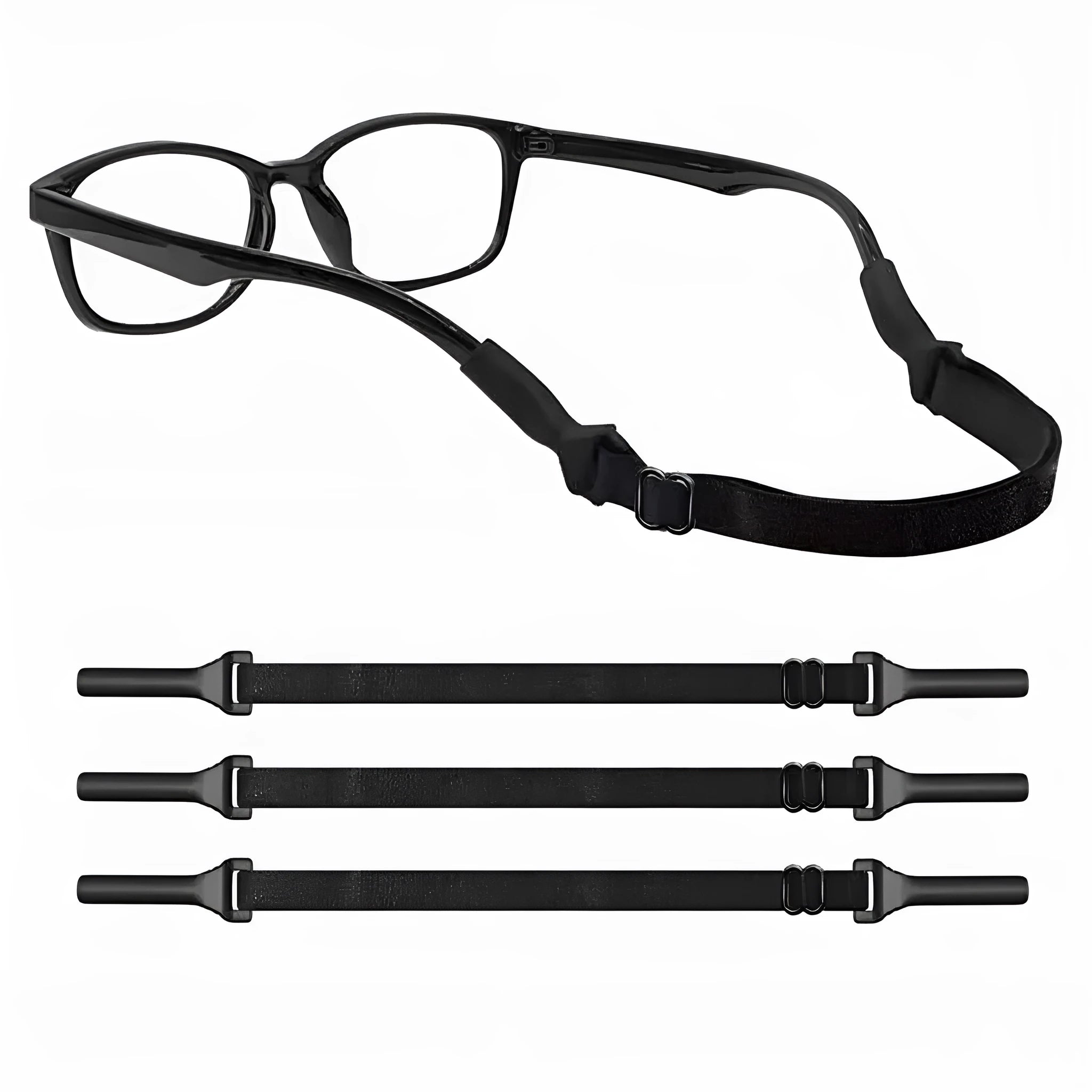 Black adjustable glasses cord with silicone earpiece clips shown on spectacles