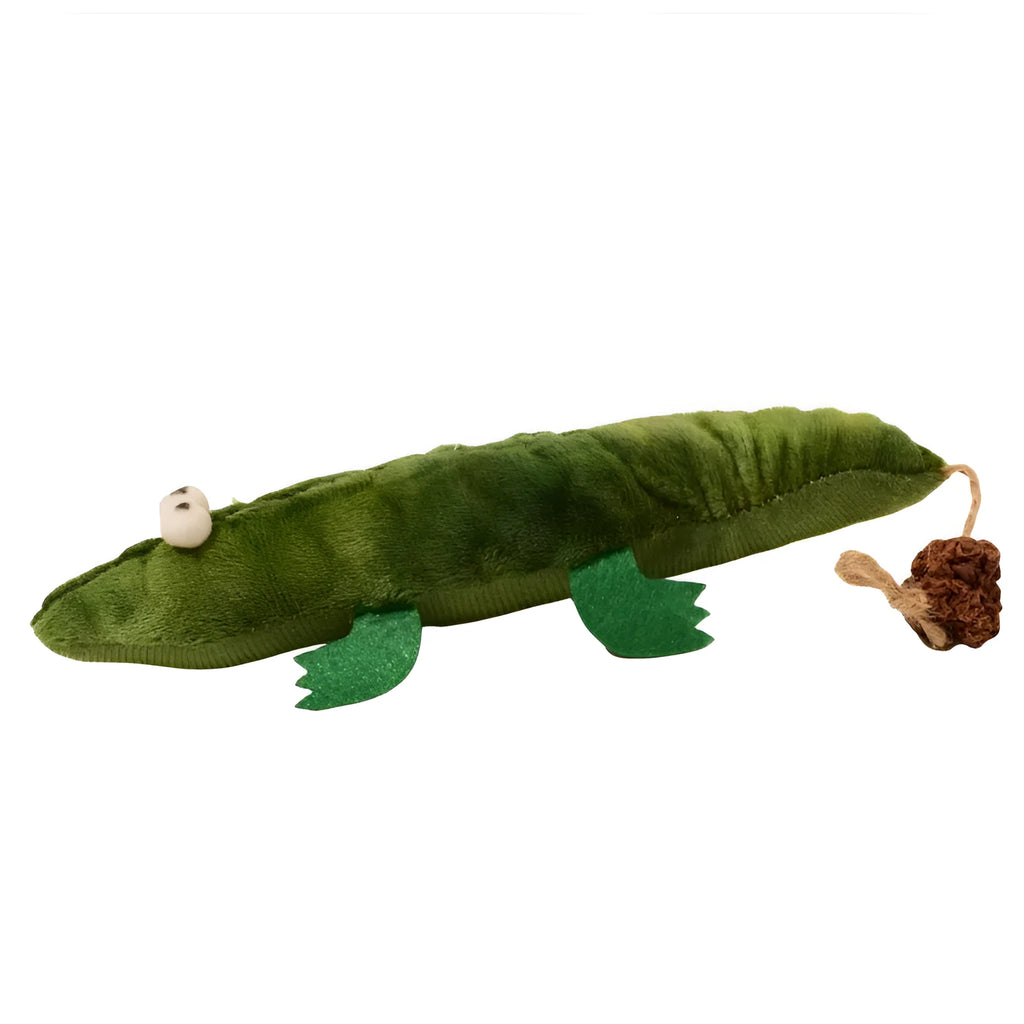 Green plush alligator cat toy with a textured reptilian design on a white background.