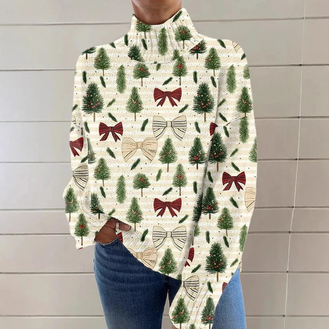 Women's loose-fit Christmas printed turtleneck sweater in macaron colour on a hanger.
