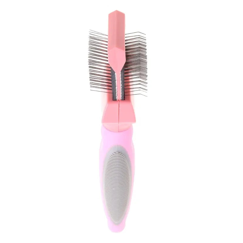 Double-sided dog grooming brush with stainless steel pins in blue or pink colour options