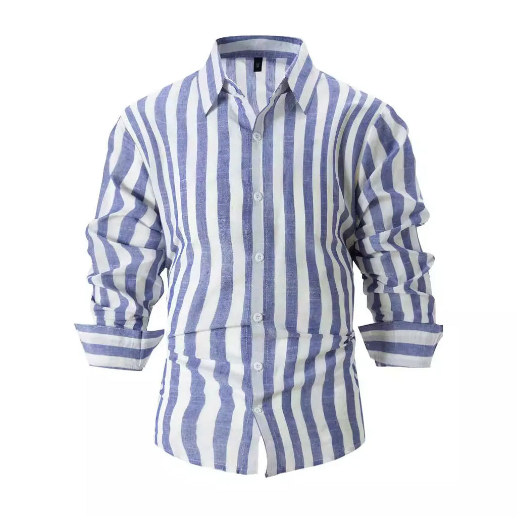 Men's loose-fitting striped long-sleeved shirt in British style cardigan cut with yarn-dyed pattern