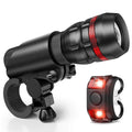 Bicycle front headlight and rear taillight set with a black mounting bracket on a handlebar.