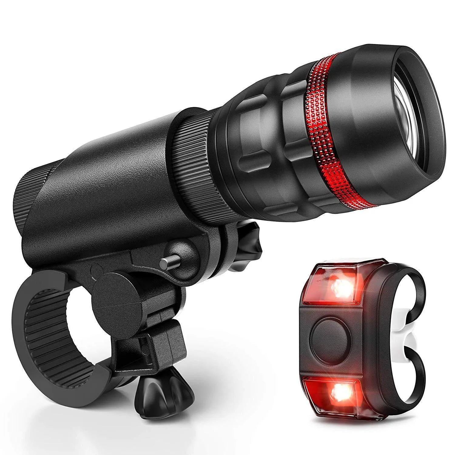 Bicycle front headlight and rear taillight set with a black mounting bracket on a handlebar.
