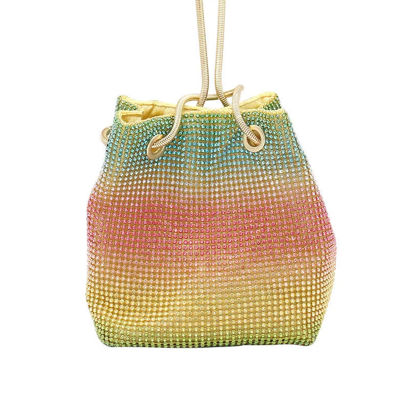 Colourful rhinestone bucket bag with rainbow diamond bead design