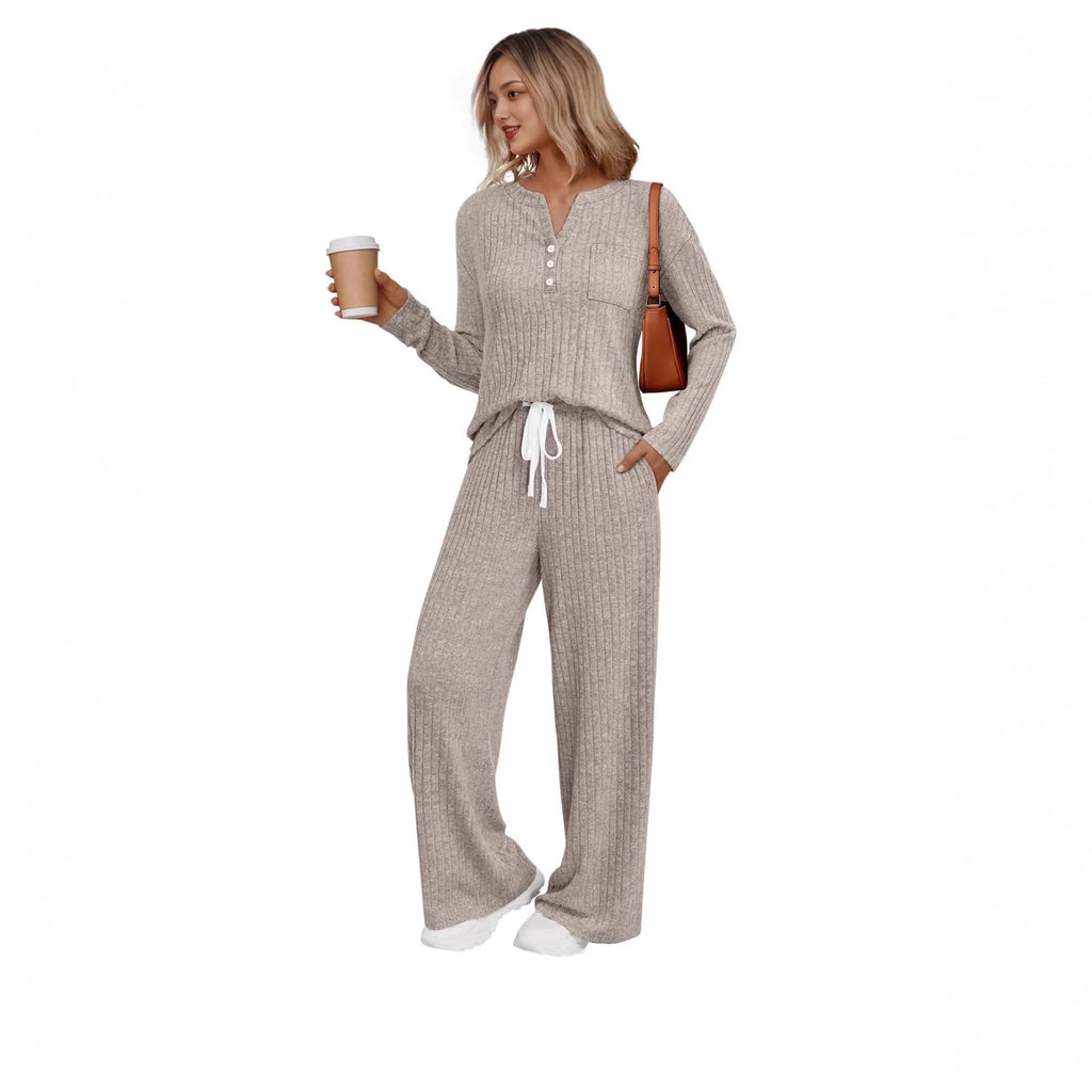 Women's V-neck striped knit long coat in light grey with long sleeves and pockets.