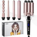 Rose gold five-in-one hair curler with LCD screen and multiple interchangeable barrels
