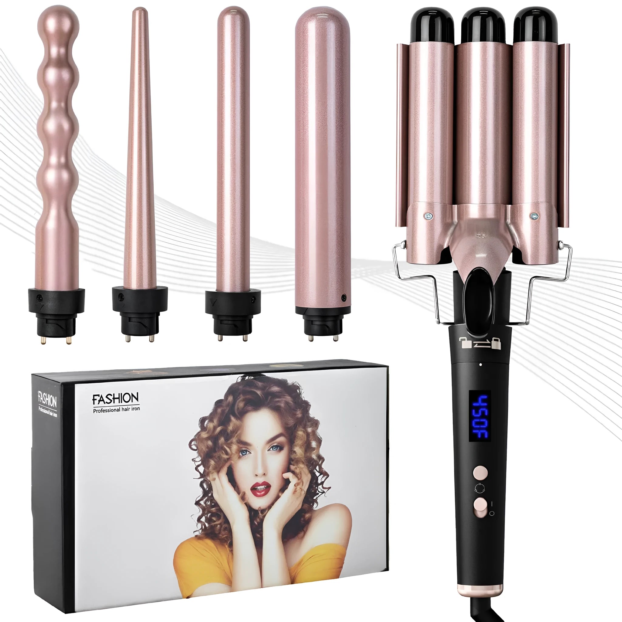 Rose gold five-in-one hair curler with LCD screen and multiple interchangeable barrels