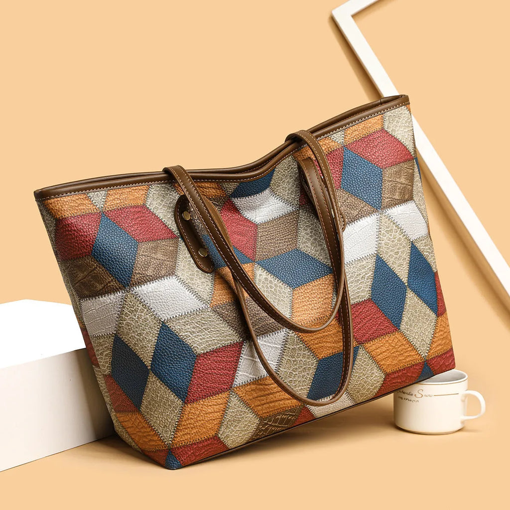 Blue brown PVC women's shoulder handbag with sandwich pocket design for business and leisure use