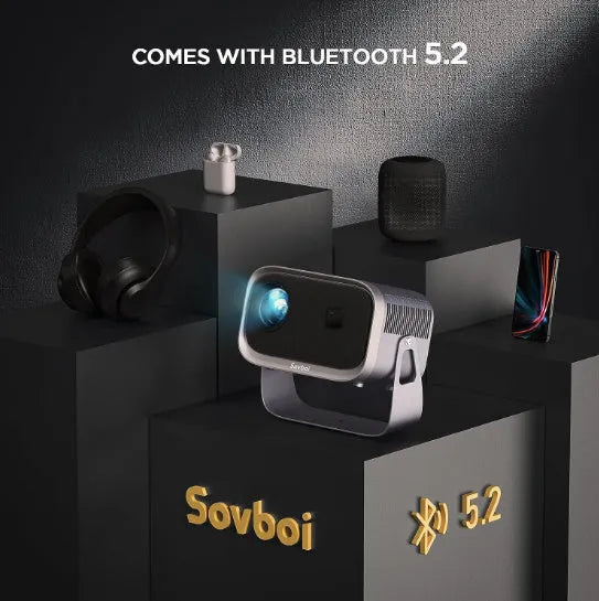 Portable Android smart home cinema projector with 1080p resolution and mobile phone screen mirroring capability.