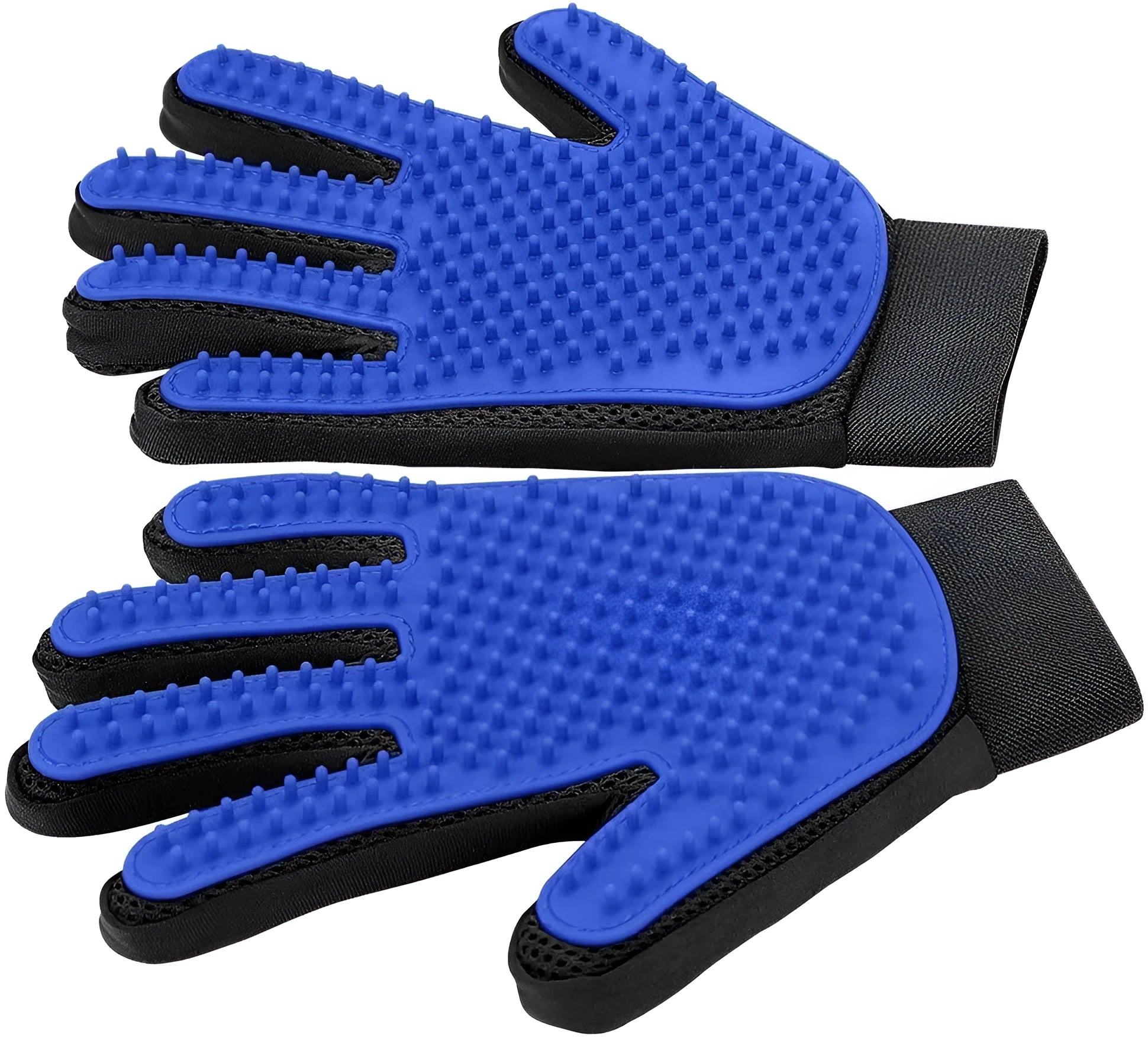 Blue pet grooming gloves with silicone tips for brushing cats and dogs