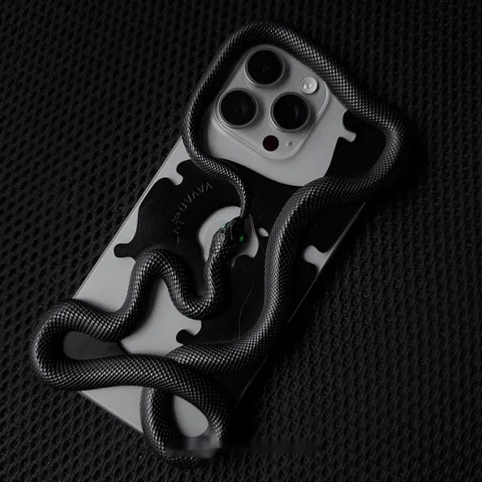Black tailed snake hollowed decorative phone case for iPhone 16 Pro Max with stone pattern finish