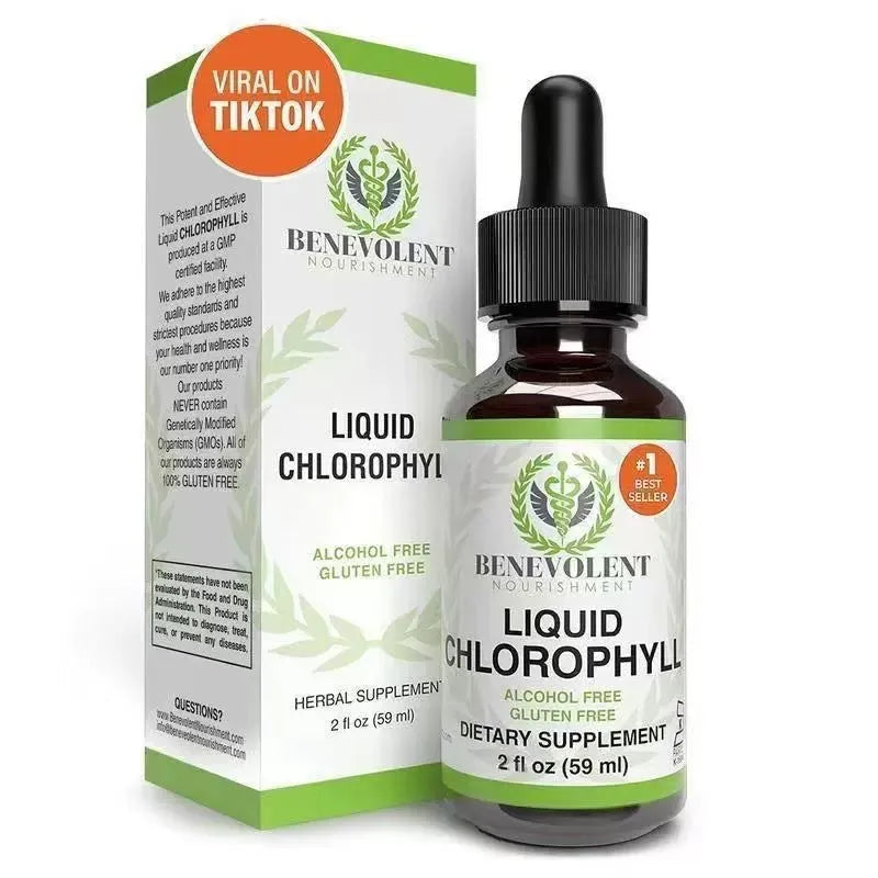 60ml bottle of natural liquid chlorophyll drops for adult body odour and intestinal care support