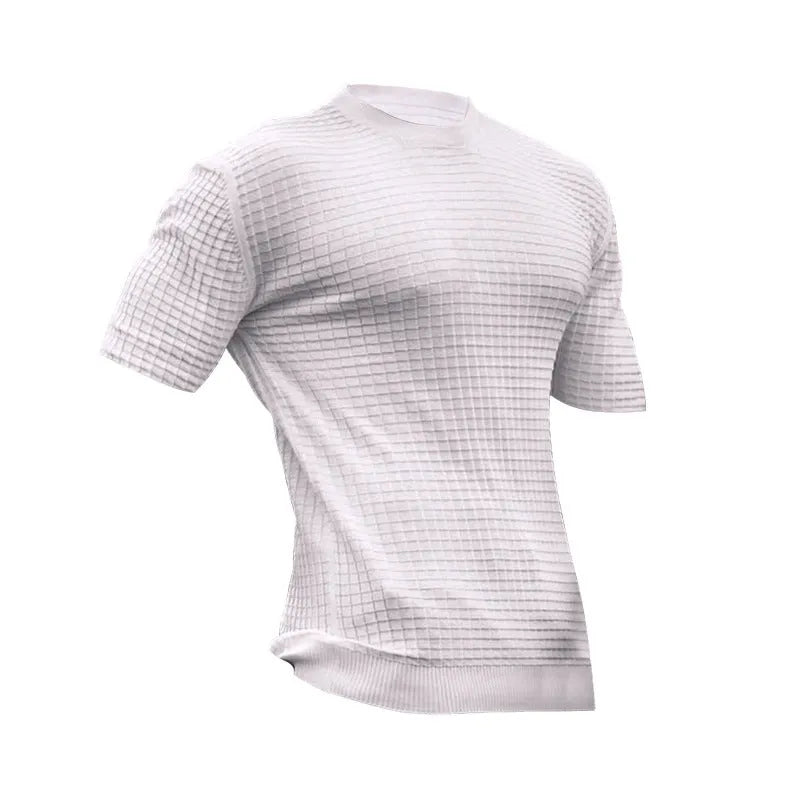 Men's round neck stretch casual trend polyester t-shirt in army green on a white background