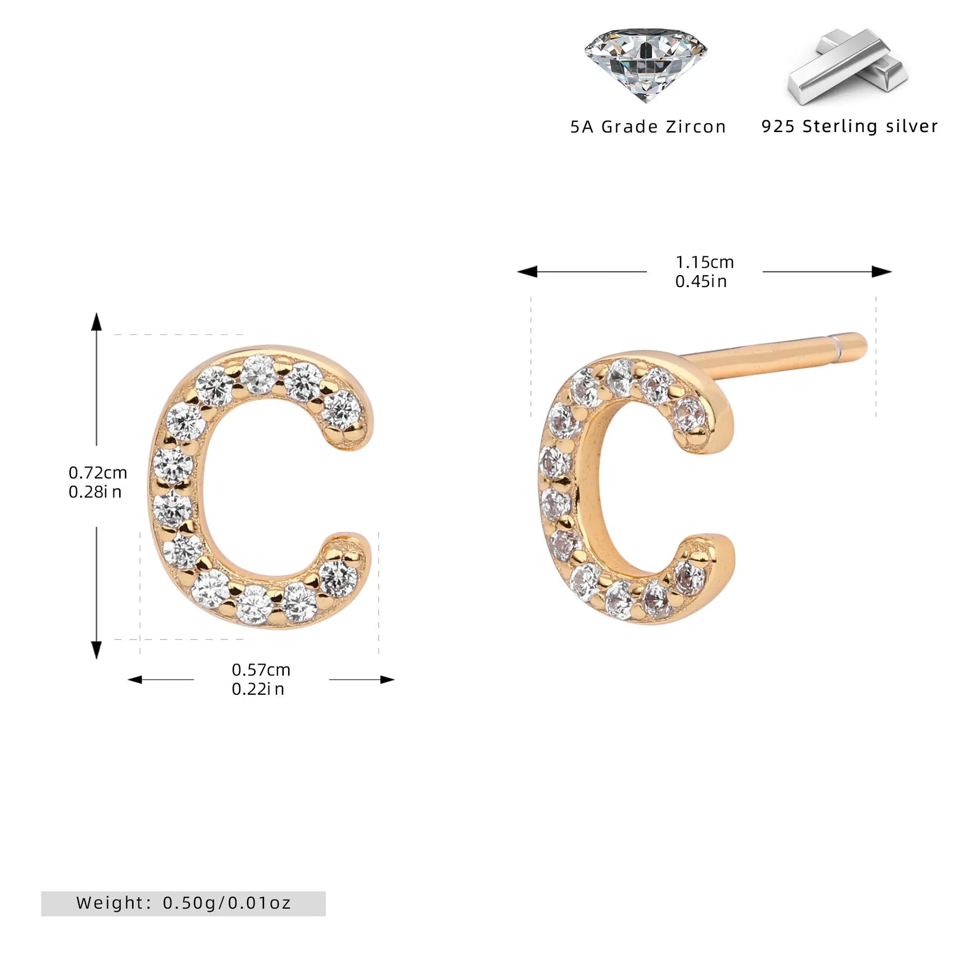 925 silver letter ear stud with electroplated gold finish, alphabet motif