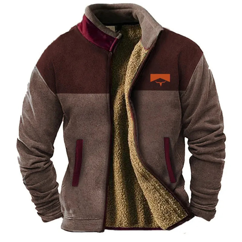 Men's green polyester fleece padded coat with a regular cut on a size chart showing S to 5XL.