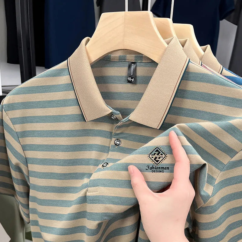 Men's red striped short-sleeve casual shirt with mosaic pattern on polyester fabric