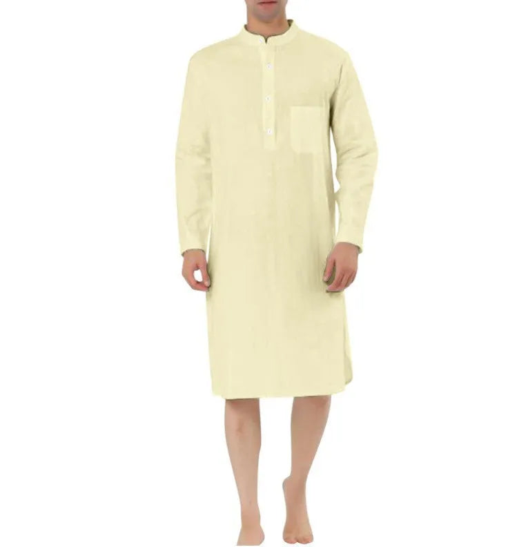 Men's cotton shirt robe with pockets shown in multiple colour options