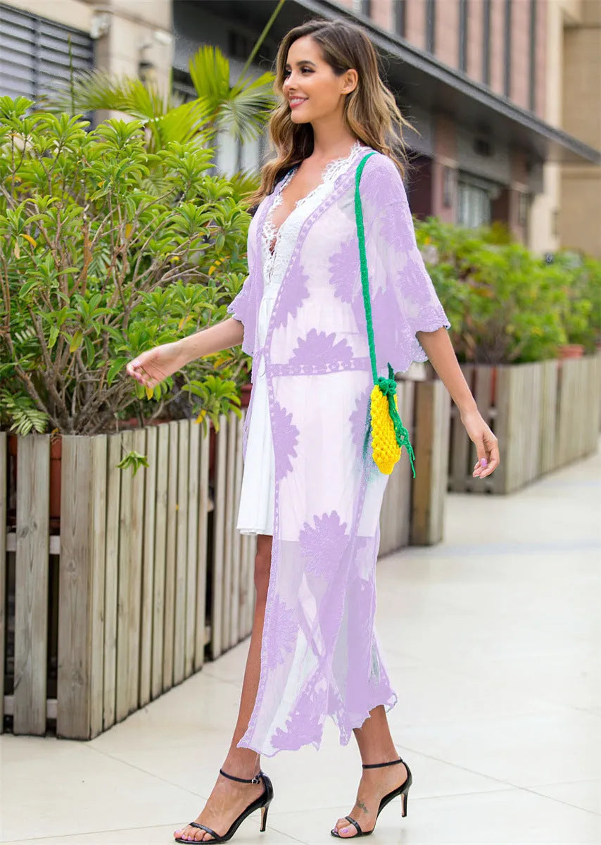 Light purple women's beach cover-up dress with lace embroidery, shown as a longline cardigan.