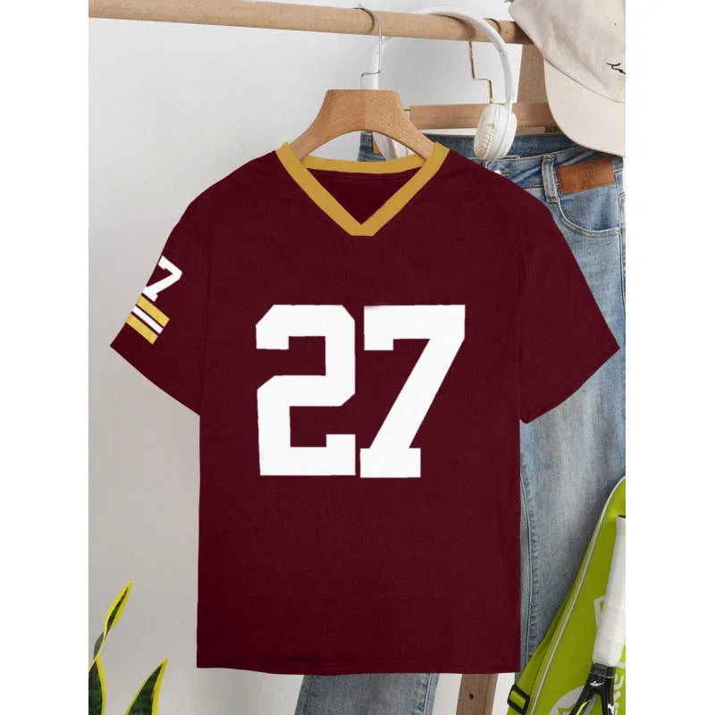 Red loose-fit cotton t-shirt with casual digital letter print and short sleeves.