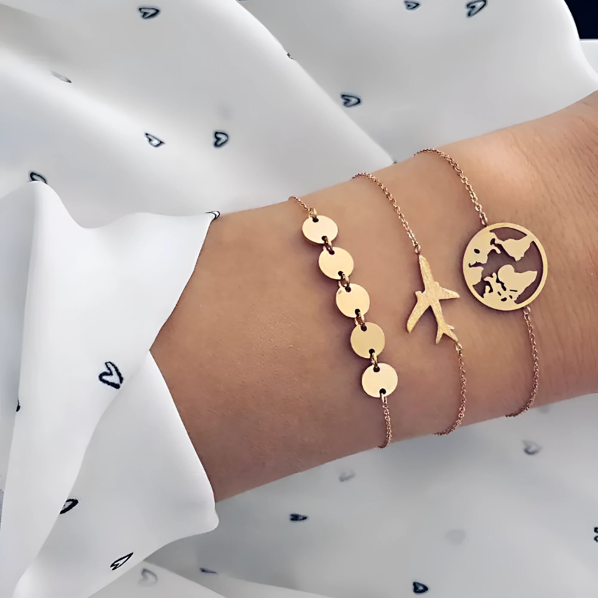Three-piece women's bracelet set with aircraft map heart charms in bohemian style