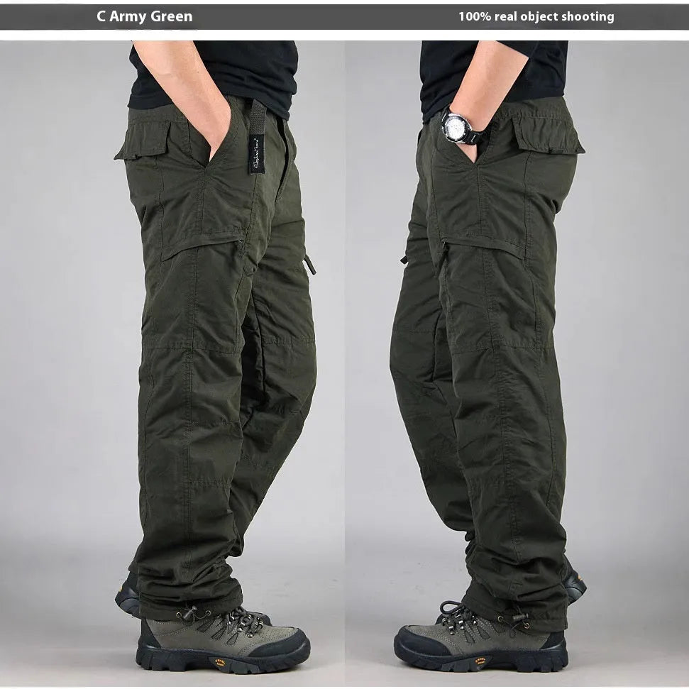 Men's stone washed cotton loose fit overalls with a wool lining shown in army green colour