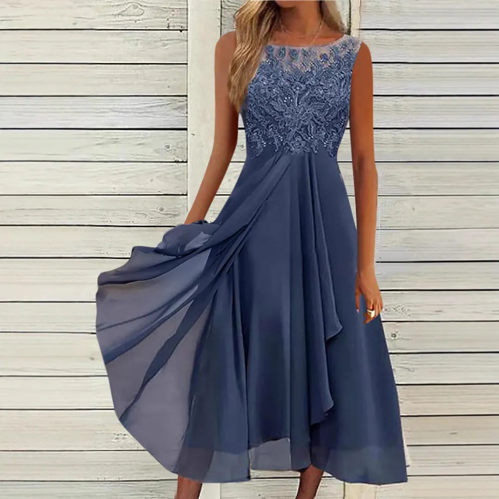 Women's sleeveless green chiffon dress with lace hollow-out detail and a mid-length flared skirt.
