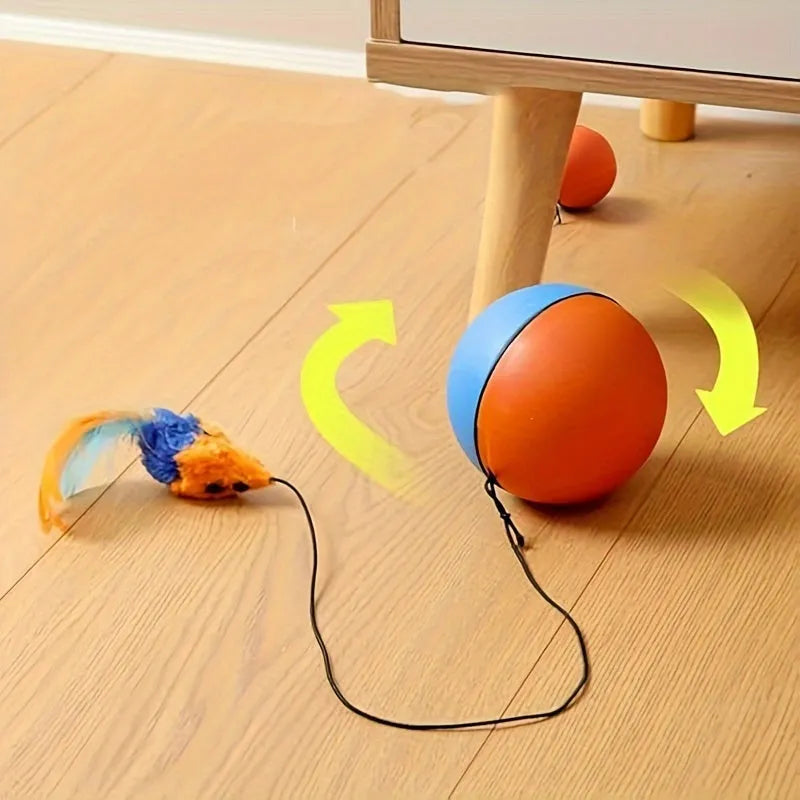 Interactive cat toy with blue and orange exercise ball and attached plush mouse
