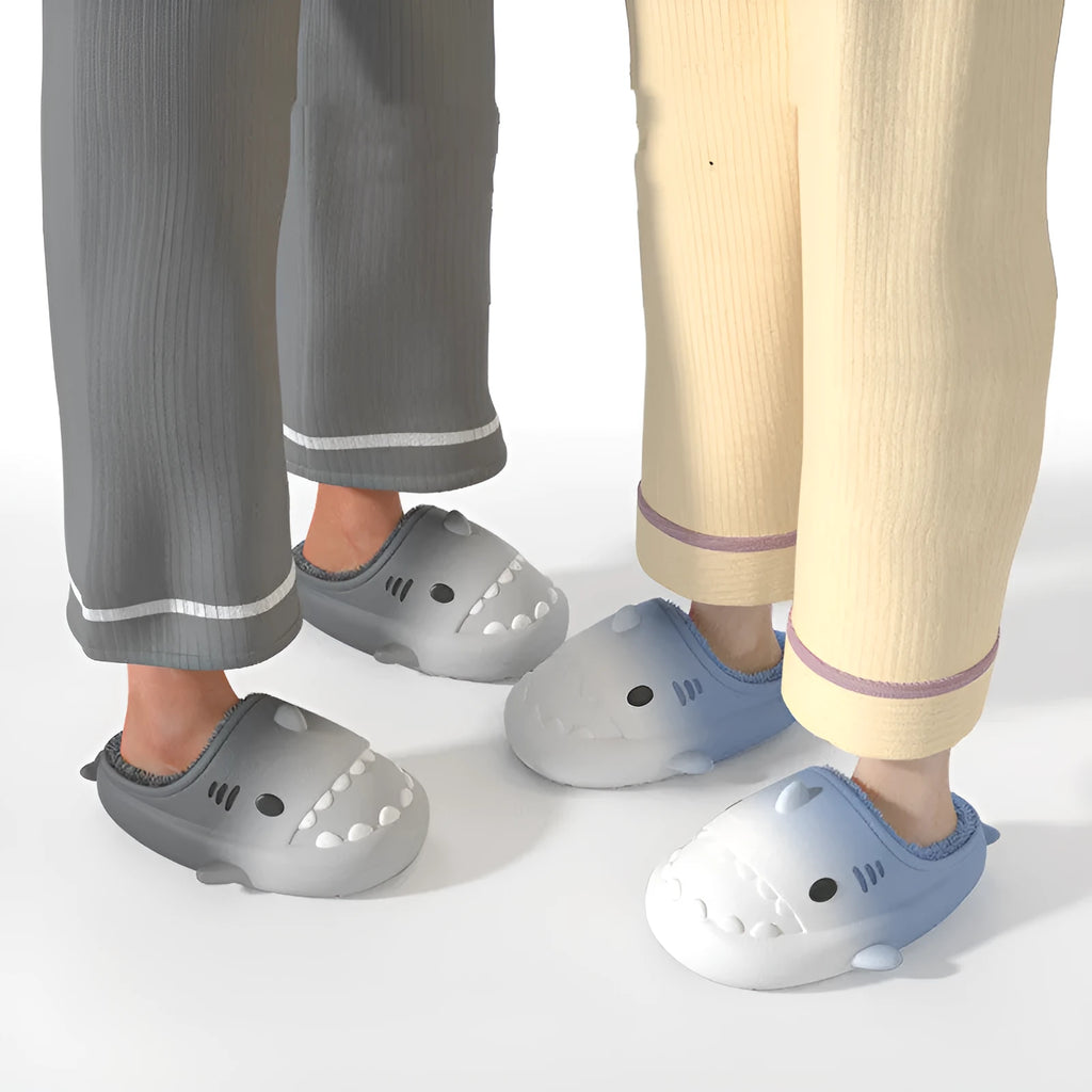 Waterproof gradient shark cotton slipper with artificial PU upper in white blue colourway