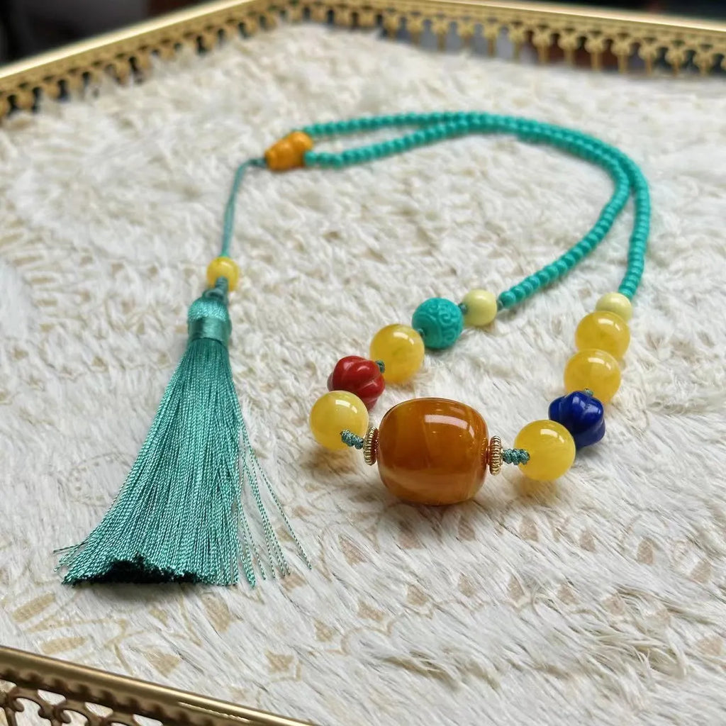 Turquoise mesh flower lucky pendant necklace with adjustable ball bead chain 71-80cm