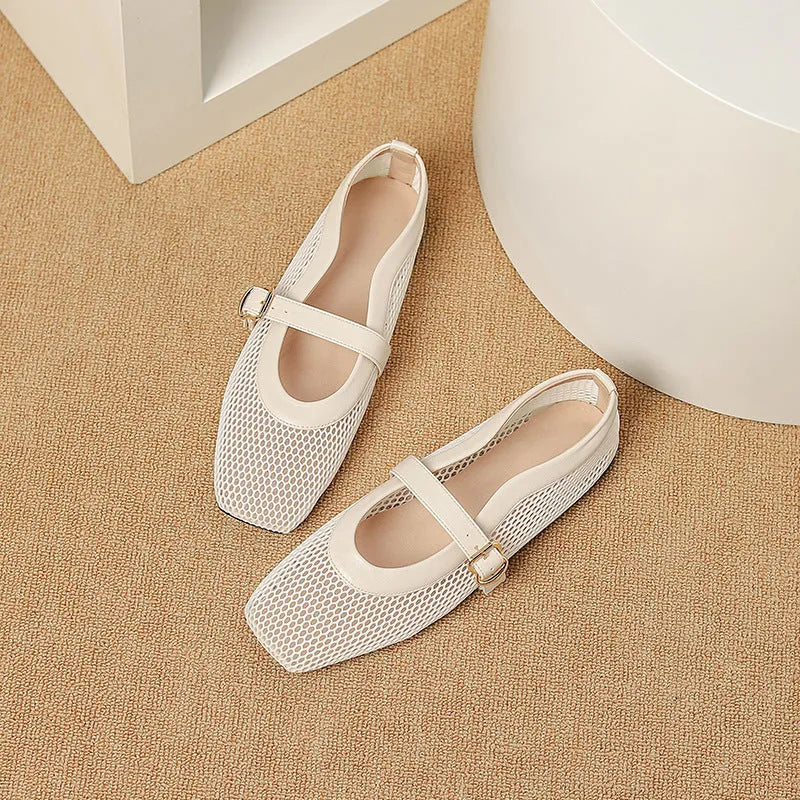 Women's beige mesh low-heel pump with square toe and buckle fastening on a white background.