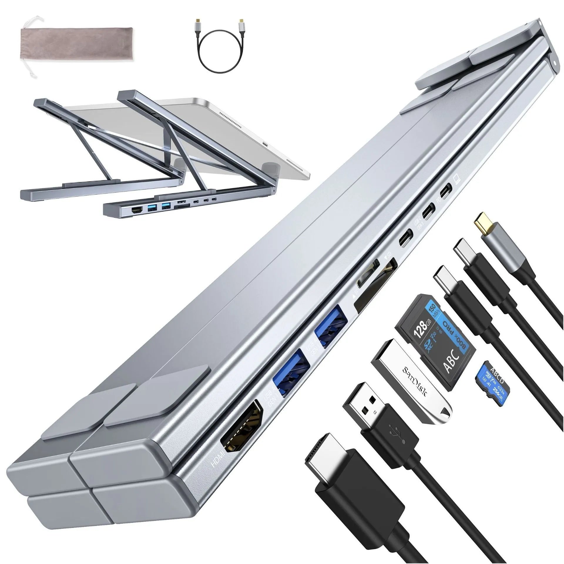 Aluminium alloy folding laptop docking station stand with multi-port HUB and 0.6m cable