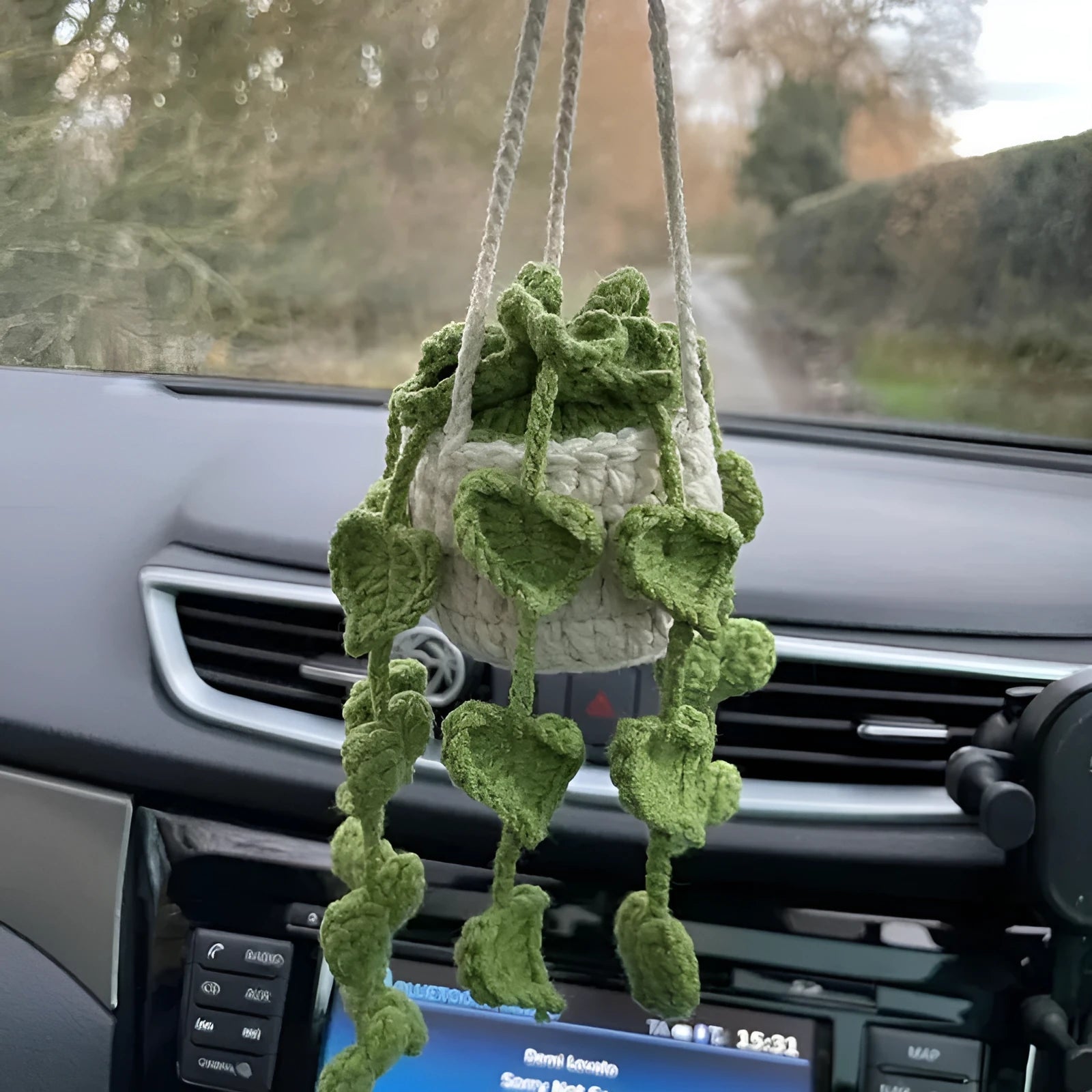 Green and white knitted wool succulent car ornament with 8cm base and hanging cord