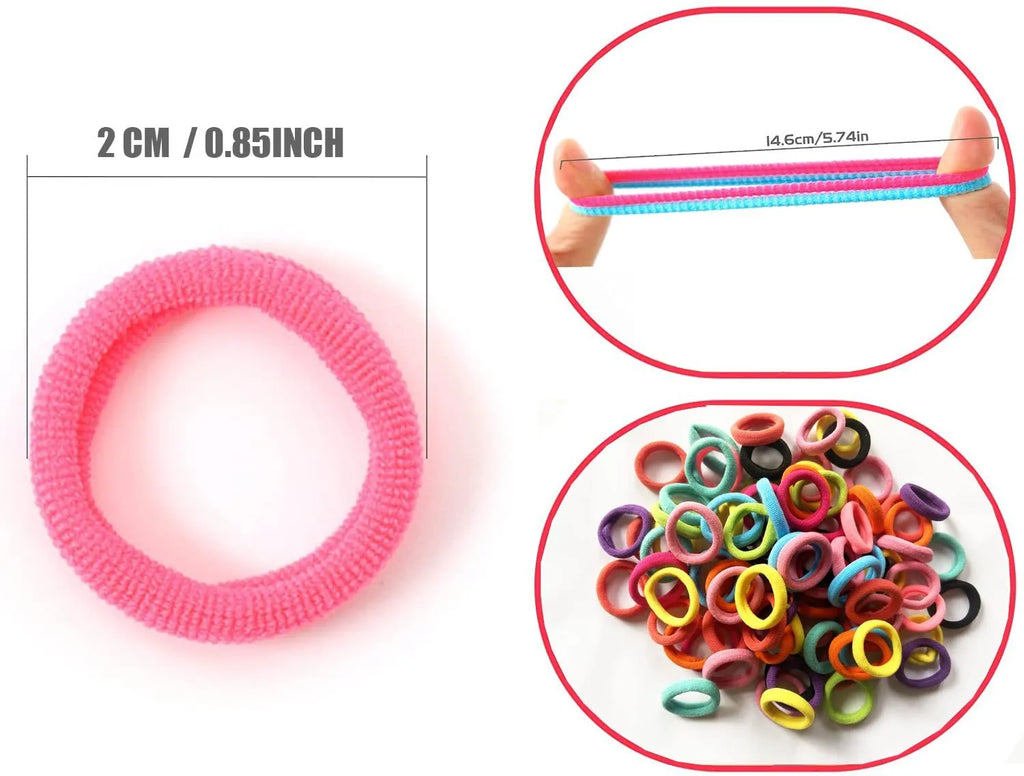 100-piece set of multicolour seamless cotton baby hair ties in small jar packaging