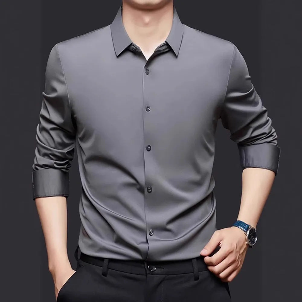 Seamless high elastic long sleeve anti-wrinkle shirt in black, front view, with stretch fabric