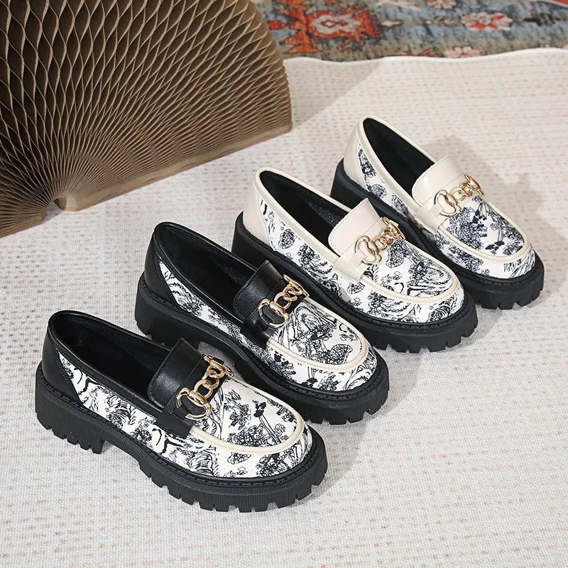Plus size Mary Jane platform loafers with golden chain, PU upper, round toe, mid heel 3-5CM, available in Black, Milky White, Beige