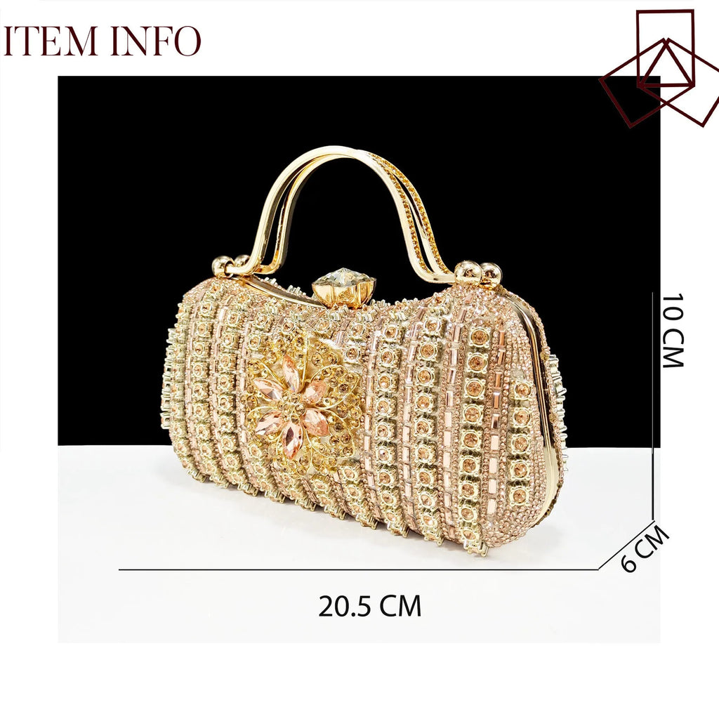 Women's black high heel ankle strap sandal with rhinestone flower and matching clutch bag.